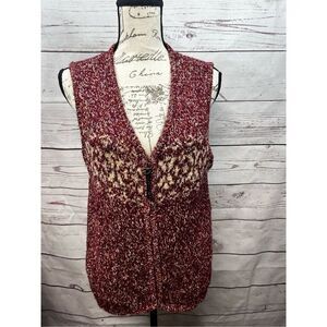 Womens Knit Vest Sleeveless Sweater Burgundy Tan Open Front Boho‎